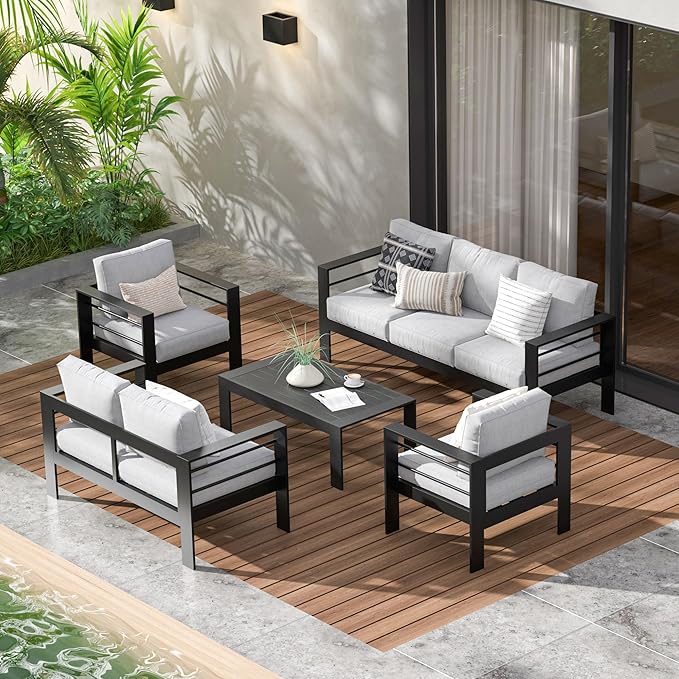 Wisteria Lane Aluminum Patio Furniture Set for All Weather, Oversized Metal Outdoor Furniture Set with 27.5" Deep Seat and Thick Back Cushion, Patio Conversation Sets with Wide armrest, Light Gray