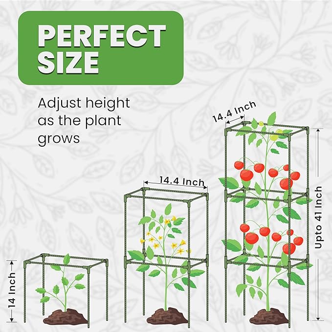 Tomato Cage Square - Large Trellis Stakes and Plant Support Structures for Vegetables and Climbing Plants - Tall Tomato Cages for Garden, Pots, Raised Garden Bed Outdoor Supplies (3 Pack - Up to 41")