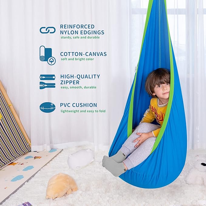 OUTREE Kids Pod Swing Seat, Cotton Child Hammock Swing Chair, Sensory Swing for Indoor and Outdoor Use, Blue