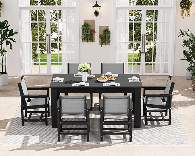 SERWALL Outdoor Dining Sets for 4 with 1 Umbrella Hole Cut-Out Rectangular Table and 4 Textilene Chairs, Patio Dining Table Sets for Garden, Backyard, Poolside, Black