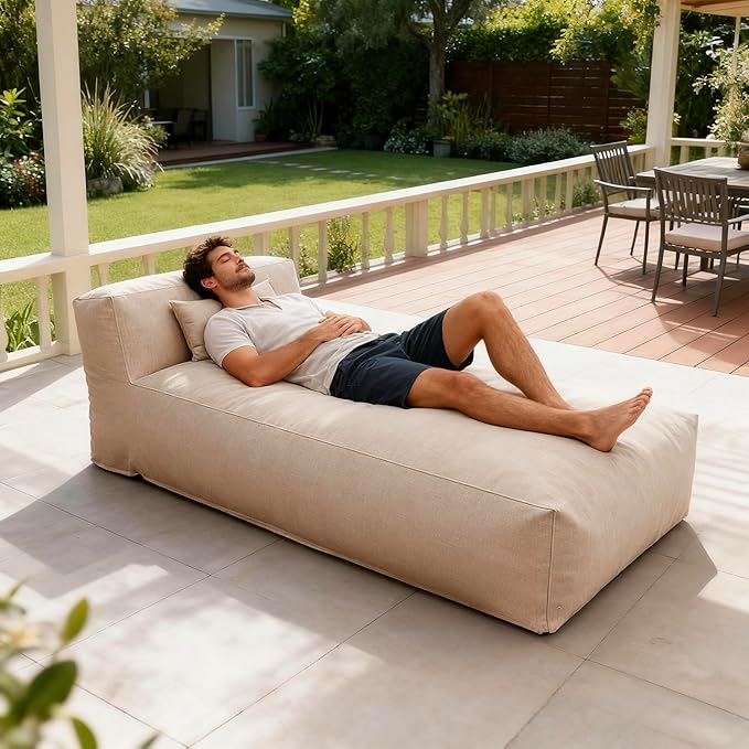 Outdoor Bean Bed Chair Sun Lounger, Outdoor Couch Sofa for Patio & Pool, Foam Filling Day Bed Furniture, Comfy Lazy Sofa for Outside, Water-Resistant Seating (Light Beige, 70'' L)