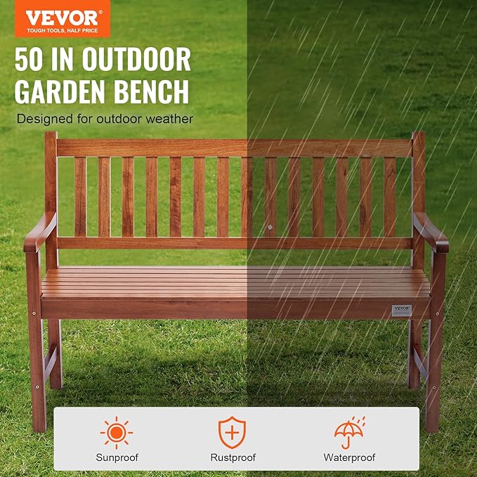 VEVOR Wood Outdoor Bench, 2-Person Garden Bench with Backrest and Armrests, 800 lbs Load Capacity,All-Weather Never Rot Patio Bench for Garden, Park, Yard, Front Porch