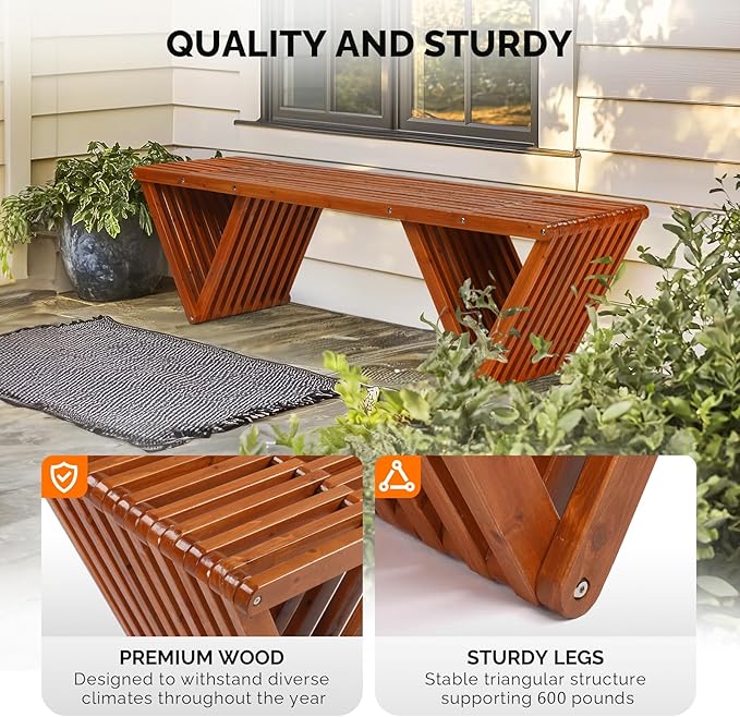 VINGLI Outdoor Wooden Bench, 63" All Weather Patio Bench Porch Bench, 600lb Capacity Outdoor Backless Benches for Yard Park Garden