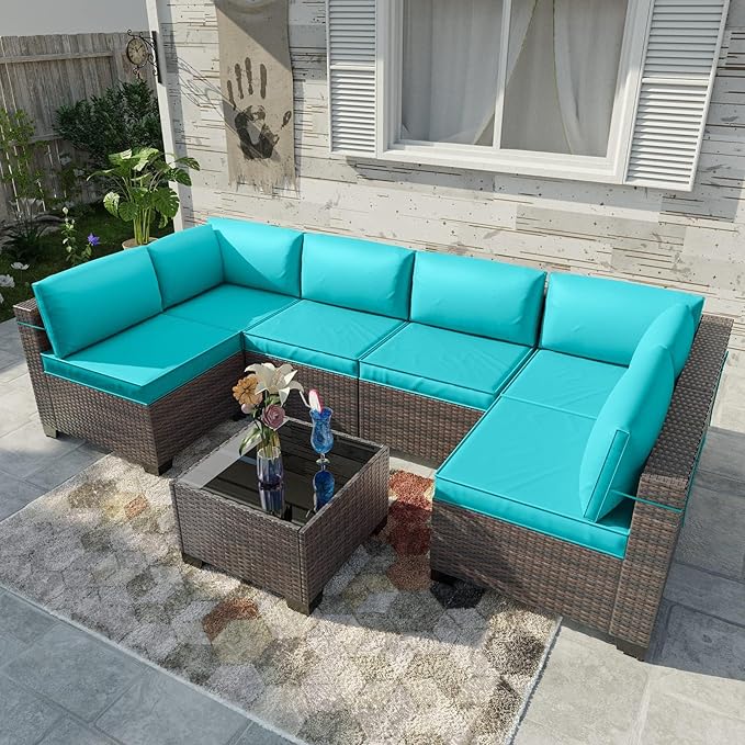 Kullavik 7 Pieces Outdoor Patio Furniture Set,Sectional Rattan Sofa Set Brown PE Rattan Wicker Patio Conversation Set with Tempered Glass Coffee Table and Washable Cushions Covers,Turquoise Blue