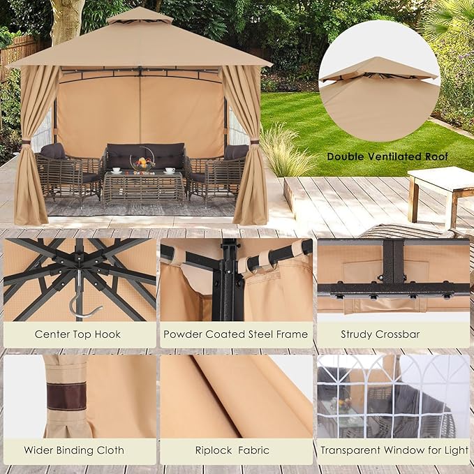 MASTERCANOPY Patio Gazebo Steel Frame Outdoor Gazebo with Windows Curtains (11x11,Beige)