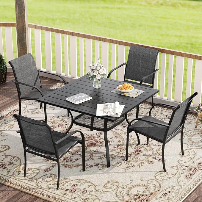 VICLLAX 5 Pieces Patio Dining Set, Outdoor Furniture Set Includes 1 Square Outdoor Table and 4 Stackable Patio Sling Chairs, Black Tabletop and Grey Fabric