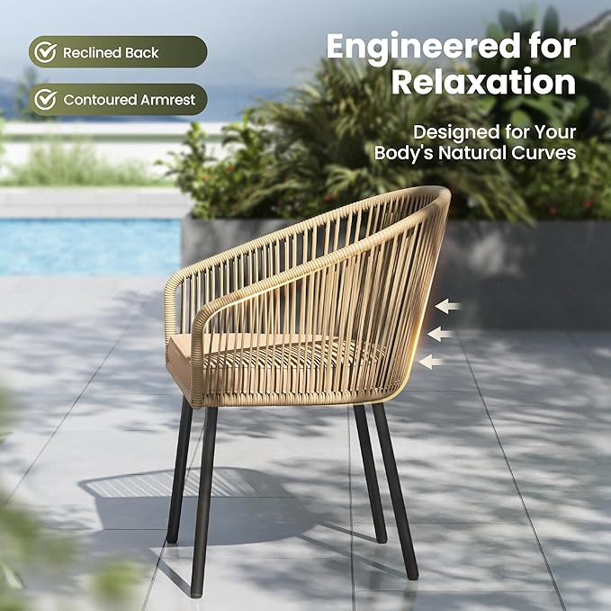 PHI VILLA Patio Wicker Chairs Set of 4, Outdoor Modern Brown Rope Rattan Chairs with Metal Legs & Cushions, Outside Dining Bistro Furniture for Deck, Porch, Backyard