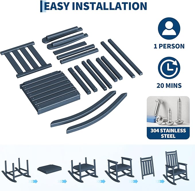 GarveeLife Poly Lumber Rocking Chair Outdoor Set of 2 with Side Table - HDPE High Back Porch Rocker Chairs for Adults - All Weather Resistant Furniture for Patio - Navy Blue