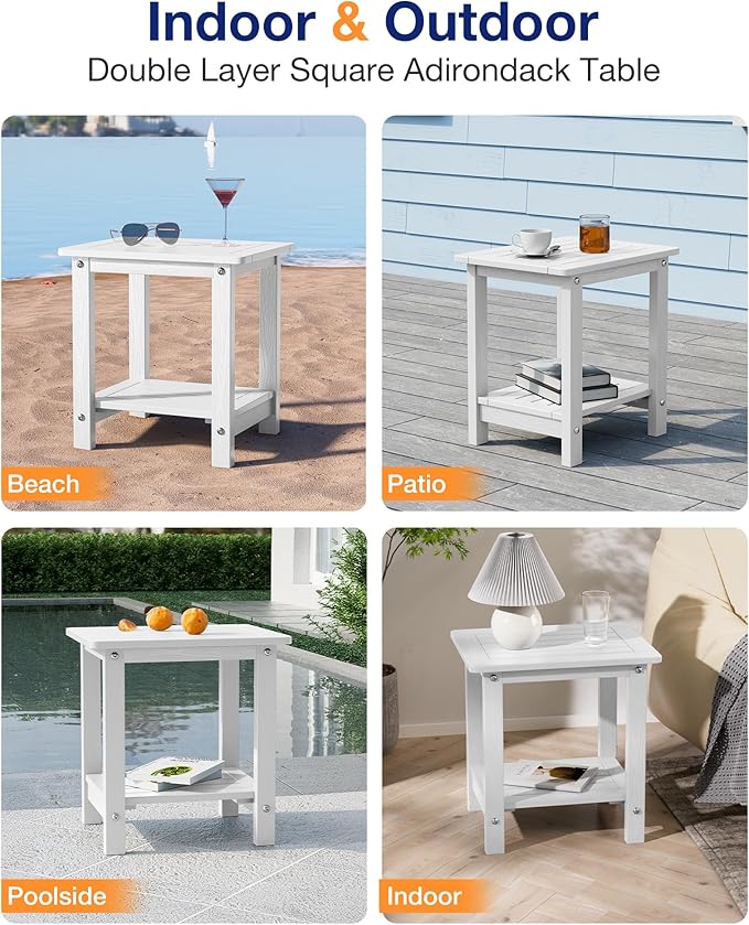 YEFU Outdoor Side Table for Patio: 16" HIPS Weather - Resistant Adirondack Tables Set of 2 - Small Square End Tables for Backyard Pool Porch Balcony - Indoor Outdoor Double Layer Table White