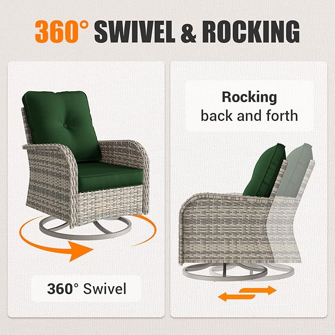 9-Piece Outdoor Patio Furniture Set with Rocking Swivel Chair Wicker Sectional Sofa Set, Patio Conversation Set with Thickened Cushions & Coffee Table for Garden, Backyard, Green