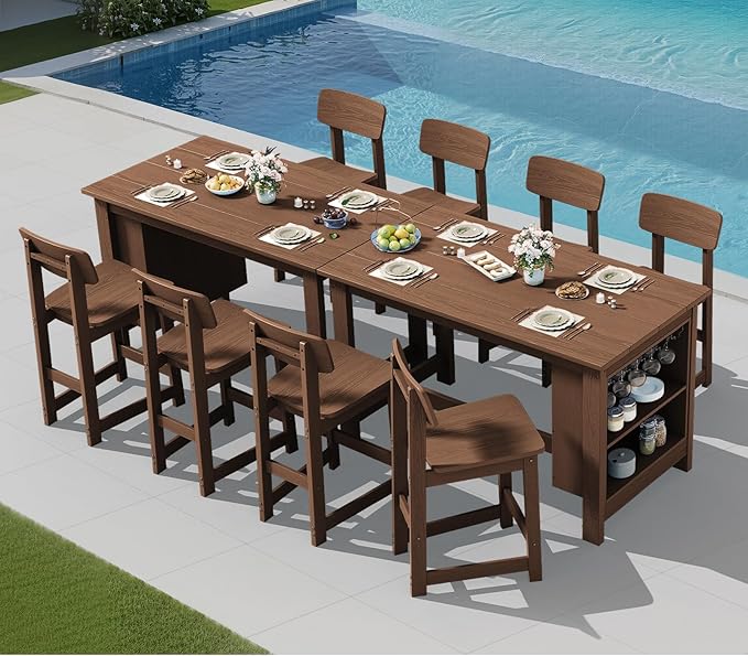 SERWALL 8-Piece HDPE Counter Height Dining Table Sets with Storage and Wine Rack, 2 Rectangular Bar Table with Bar Stools Set of 6 for Garden, Backyard, Kitchen, Brown