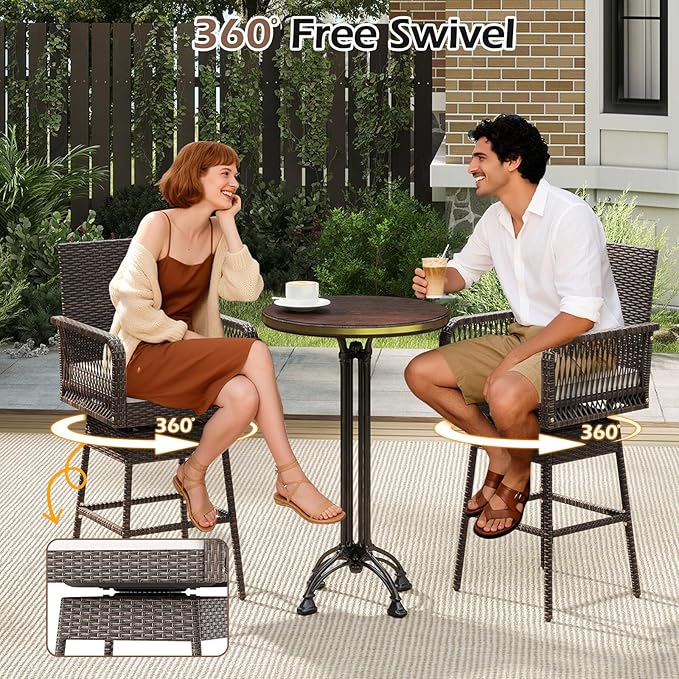 ORALNER Outdoor Wicker Swivel Bar Stools Set, 29" Bar Height Patio Rattan Dining Chair with Armrests, Footrest & Seat Cushion, Metal Frame, for Backyard, Porch, Poolside, Deck (1, White)