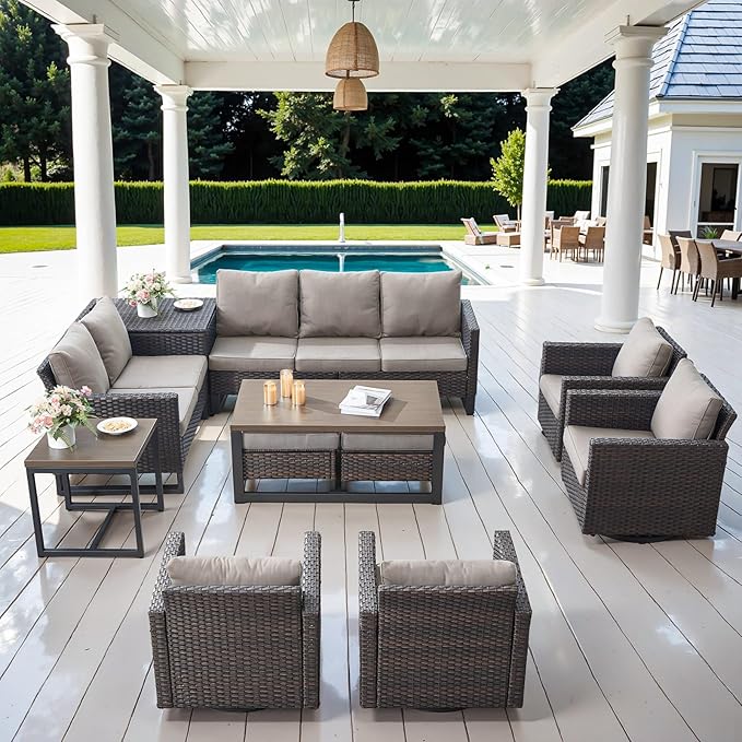 Belord Spacious 11 Pieces Patio Conversation Set - 5-Seater Outdoor Furniture Sectional Sets with Swivel Glider Chairs Set of 4 and Storage Box, Metal Top Coffee Table with Embedded Ottoman Brown