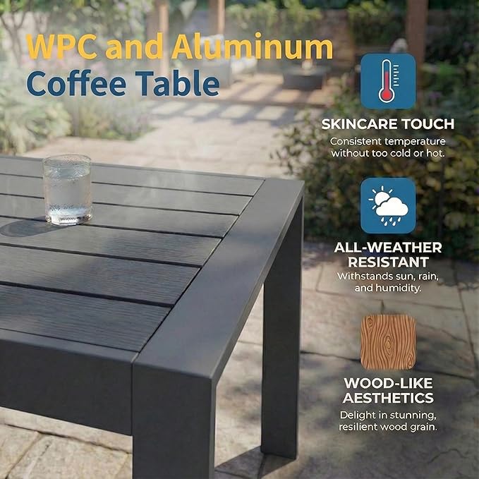 Wisteria Lane Aluminum Outdoor Patio Furniture Set, Modern Patio Conversation Sets, Outdoor Sectional Metal Sofa with 5 Inch Cushion and Coffee Table for Balcony, Garden, Black Frame & Blue Cushion