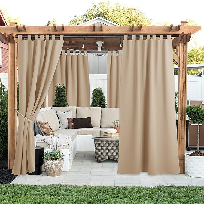 NICETOWN 2 Panels Outdoor Curtains for Patio Waterproof 84" Long, Detachable Sticky Tab Top Thermal Insulated Privacy Sun Blocking & UV Protection Drapes for Porch/Pergola, Biscotti Beige, W52 x L84