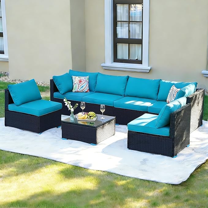 7 Piece Outdoor Patio Furniture Sets, Turquoise Patio Sectional Furniture All-Weather PE Rattan Sectional Sofa, Outdoor Wicker Conversatin Set w Coffee Table for Backyard, Garden, Porch
