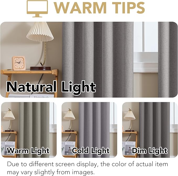H.VERSAILTEX Linen Curtains 100% Blackout Curtains for Bedroom 96 inch Long Full Light Blocking Nature Linen Blended Window Curtains for Living Room Nickel Grommet (2 Panels, Heathered Dove)