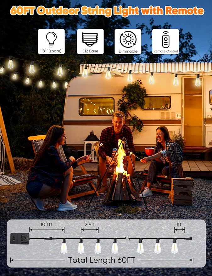 Brightever LED Outdoor String Lights with Remote, 60FT Patio Lights Outdoor Waterproof with 19 Shatterproof ST38 LED Edison Bulbs, 3 Modes 2 Timer Dimmable String Lights for Outside, Low Voltage 24V