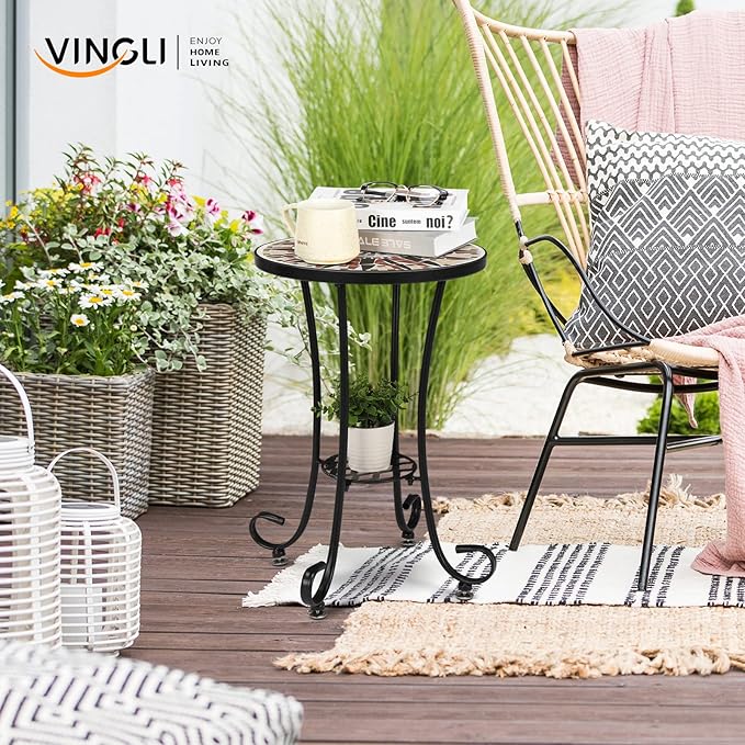 VINGLI Mosaic Outdoor Side Table, 14" Round End Table, Accent Table, Ceramic Tile Top Black Iron,Brown Flower