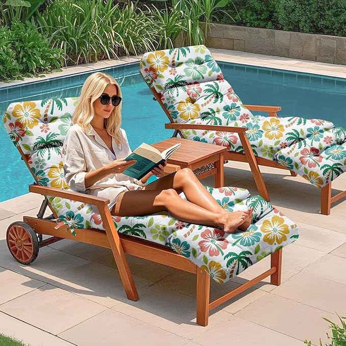 4 Pack Outdoor Chaise Lounge Chair Cushion 75.1 x 22.8 x 4.7 Inches 100% Waterproof Replacement Cotton Patio Pool Lounge Chair Cushion for Outdoor Furniture with Ties, Green Coconut Tree