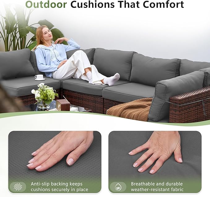 Patio Furniture Sets with Waterproof Cover, 7 Pieces Outdoor Rattan Sectional Sofa Set with Glass Table and Cushions,Wicker Patio Conversation Set for Outdoor Indoor Backyard Lawn Garden Porch (Grey)