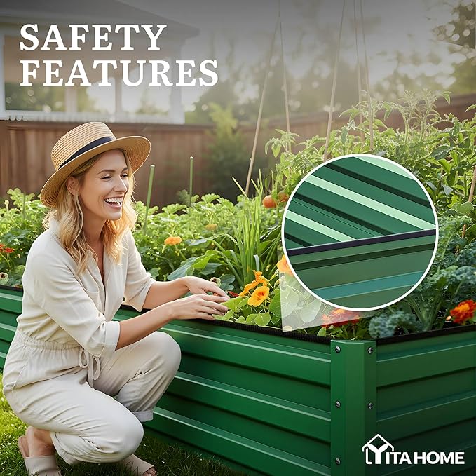 YITAHOME 12x4x1ft 2pcs Large Raised Garden Bed Kit, Galvanized Metal Planter Box with Gloves, Ground Nails, Support Rod, Outdoor Above Ground Planters for Plants Vegetables Flowers, Green