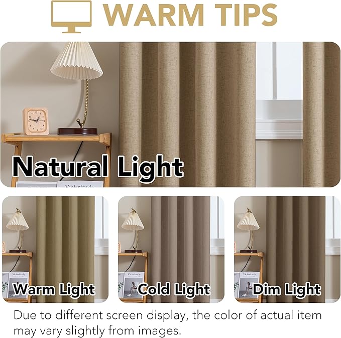 H.VERSAILTEX Linen Curtains 100% Blackout Curtains for Bedroom 96 inch Long Full Light Blocking Nature Linen Blended Window Curtains for Living Room Nickel Grommet (2 Panels, Heathered Macchiato)