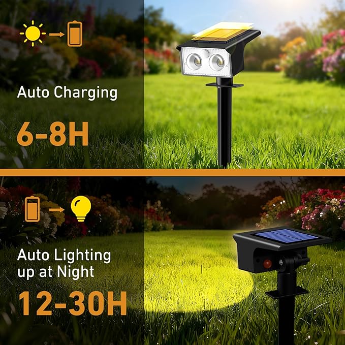 btfarm Solar Spot Lights Outdoor Waterproof, 3 Modes Motion Sensor Lights, Solar Powered Spotlights 2-in-1 Auto On/Off for Outside Pathway Yard Garden Landscape Lighting, Warm White