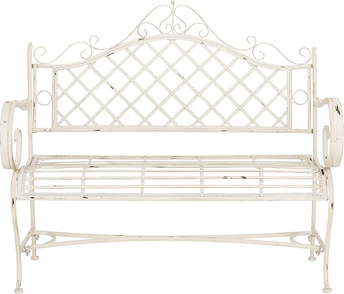 Safavieh PAT5017A Collection Adina Antique White Wrought Iron 51.25" Outdoor Garden Bench