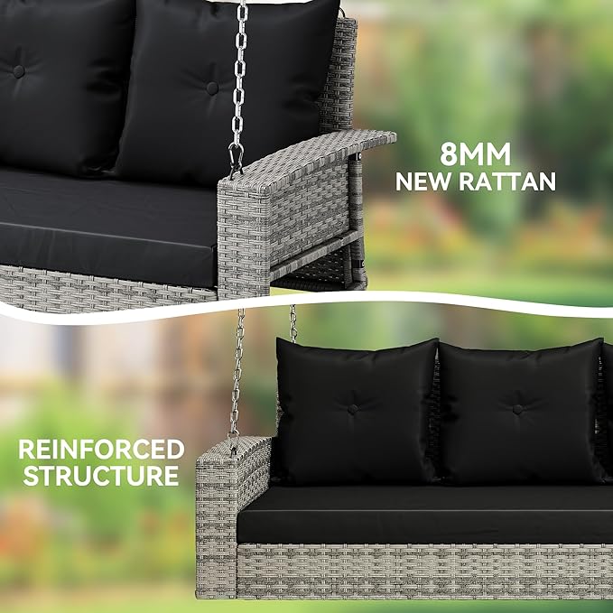 YITAHOME 3-Seats Outdoor Hanging Porch Swing Chair Rattan Black Wicker Patio Swing Chair with Swing Lounge 3 Black Back Cushions Capacity for Garden, Balcony, Courtyard, Gazebo, Porch