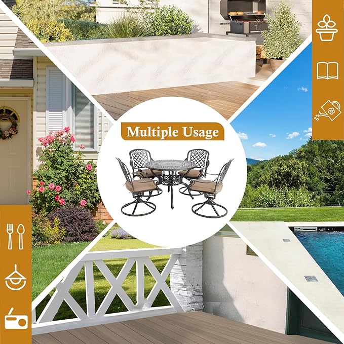 5-Piece Cast Aluminum Outdoor Patio Dining Set, All Weather Cast Aluminum Outdoor Furniture Dining Set for Patio, Balcony, Garden, Backyard w/4 Swivel Chairs & Cushions, 2.0" Umbrella Hole