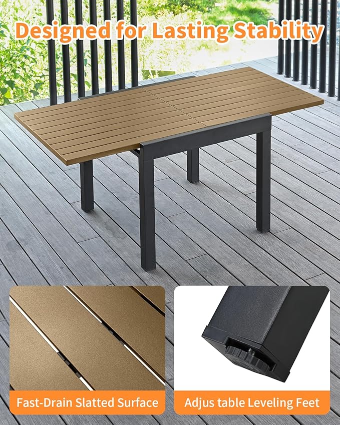 5 Pieces Expandable Patio Dining Set, Never-Rust Aluminum Outdoor Dining Table Set, 32"-65" Extendable Dining Table and Stackable Textilene Dining Chairs for Garden, Deck, Indoor, Teak
