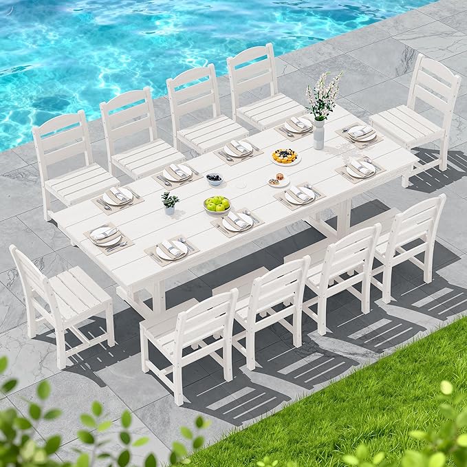 SERWALL Outdoor Dining Table, 84" Rectangular Dining Table for 6-10 Person, All Weather HDPE Outdoor Furniture for Backyard, Garden, White