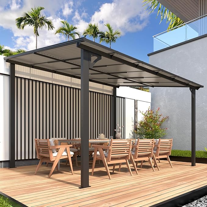 AECOJOY 10' x 28' Gazebo for Patio, Large Wall-Mounted Hard Top Lean-to Gazebo Pergola with Roof 28' x 10' on Clearance, Heavy Duty Patio Awnings for Decks, Backyard