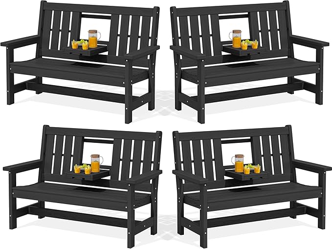 SERWALL Outdoor Bench with Cup Holder, 58" HDPE Garden Park Bench Suitable for 3 Person, All Weather Patio Benches with High Backrest and Wide Armrests for Garden, Park, Yard, Front Porch, Black