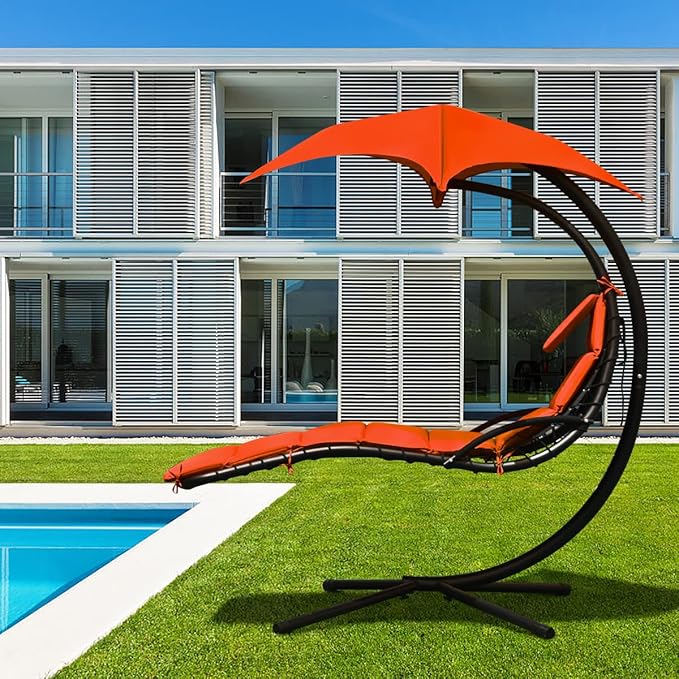Giantex Hanging Chaise Lounger Chair, Arc Stand Porch Swing Chair w/Canopy, Cushion Built-in Pillow, Outdoor Freestanding Swing Hammock Chair for Patio Poolside Backyard Garden (Orange)