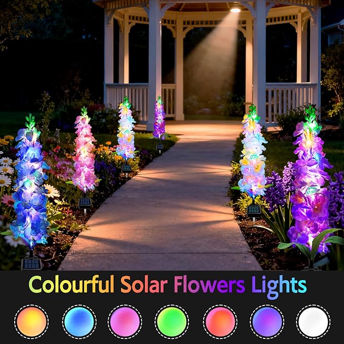 Solar Garden Lights, Delphinium Flowers 2 Pack 40 LEDs, Waterproof Outdoor Lights Two Lighting Modes for Wedding Party Garden Yard Patio Lawn Decor and Gift for Mother