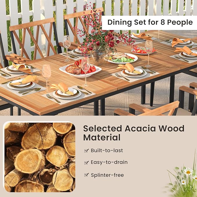 Tangkula 9-Piece Patio Dining Set, Outdoor Acacia Wood Dining Table with 1.9" Umbrella Hole& 8 Dining Chairs with Cross Hollow Back and Seat Cushions, for Garden, Porch, Deck, Natural