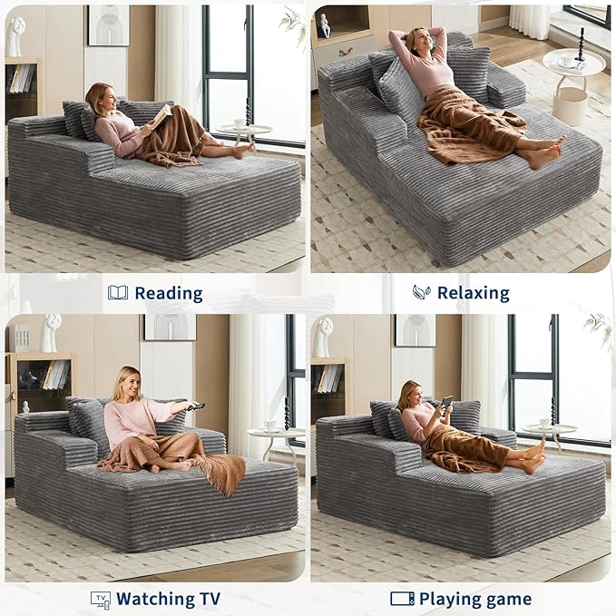 Garvee 50" Oversized Chaise Lounge Indoor Boneless Couch with 3 Pillows Corduroy Sofa Bed, Comfy Sleeper Chair for Living Room Bedroom Reading Chair No Assembly Required, Grey