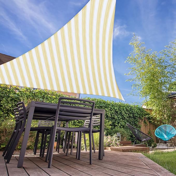 E&K Sunrise 8' x 8' x 8' Sun Shade Sail Triangle Canopy Shade Cover UV Block for Patio Backyard Garden Outdoor (Beige White Strip)