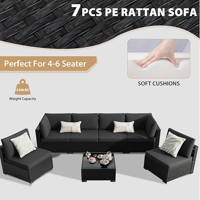 KIGOTY Patio Furniture Set,7 Pieces Modular Outdoor Sectional Sofa, PE Rattan Patio Conversation Set, All Weather Wicker Patio Furniture with Cushions and Coffee Table（Black/Black）