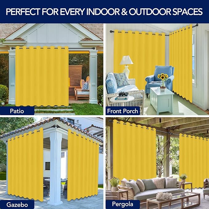 PureFit Outdoor Curtains for Patio Waterproof Weatherproof, UV Resistant Outside Curtains for Gazebo, Front Porch, Pergola, Sun Blocking Privacy Curtain, 120W x 84L inch, 1 Panel, Yellow