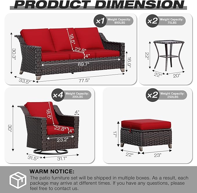 Joyside Wicker Patio Furniture Sets, 9 Pieces Upgraded Large Size Outdoor Furniture with 4 Swivel Rocking Patio Chairs, 3-Seat Sofa, Outdoor Ottoman, Thick Cushions, Wide Armrest, Red
