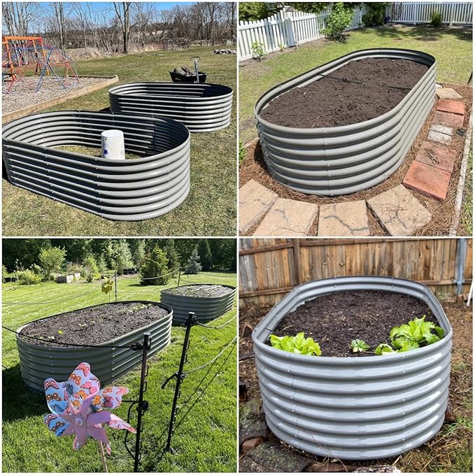 A ANLEOLIFE 7-Set 8X4X2 ft Galvanized Raised Garden Bed Kit, Oval Metal Deep Root Planters for Outdoor Plants, Quartz Grey