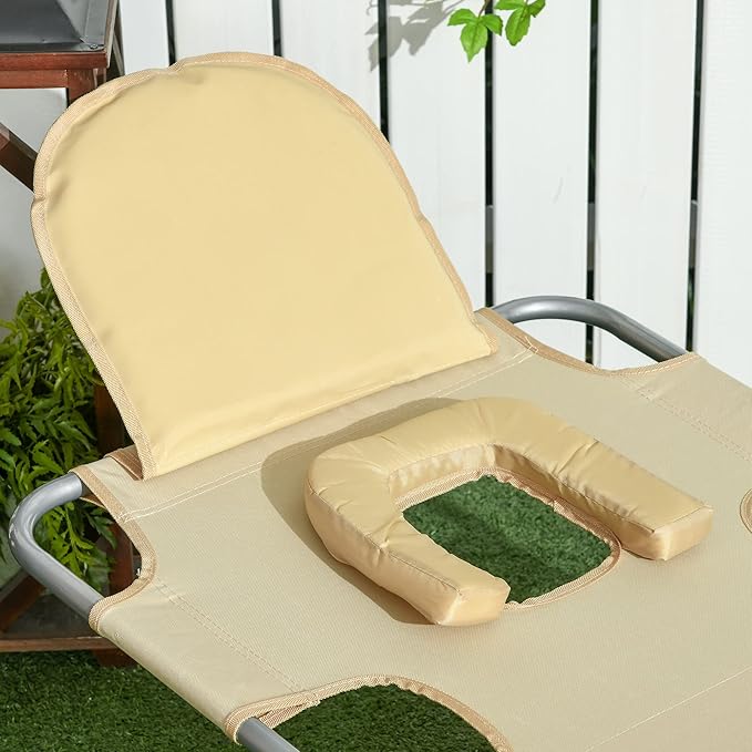 Outsunny Folding Beach Lounge Chair with Face Hole and Arm Slots, 5-Level Adjustable Sun Lounger Tanning Chair with Pillow for Patio, Garden, Beach, Pool, Beige