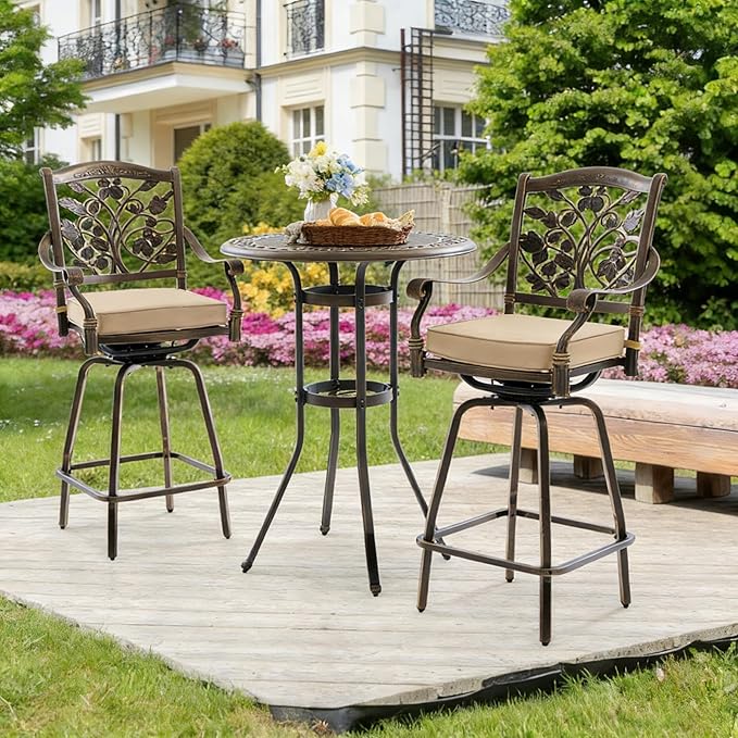 3 Piece Swivel Outdoor Table and Chairs Bar Set , All-Weather Cast Aluminum Outdoor High Top Patio Bar Set Bistro Set, High Swivel Stools with Cushions Umberlla Hole for Balcony, Poolside,Garden,Lawn