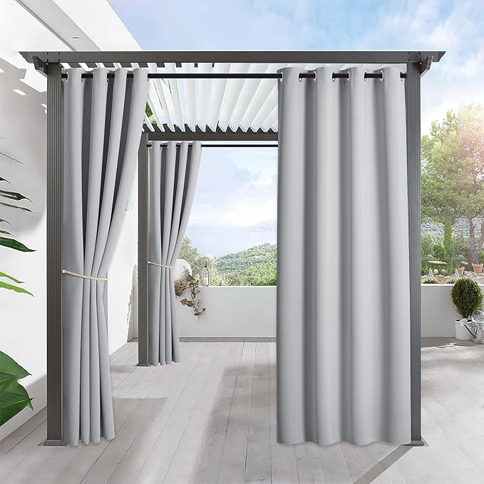 RYB HOME Outdoor Curtains for Patio Waterproof Block Sunlight Thermal Insulated Privacy Assured Thick Outside Curtains for Pergola, Deck, Gazebo, W52 x L90, Light Grey, 1 Panel
