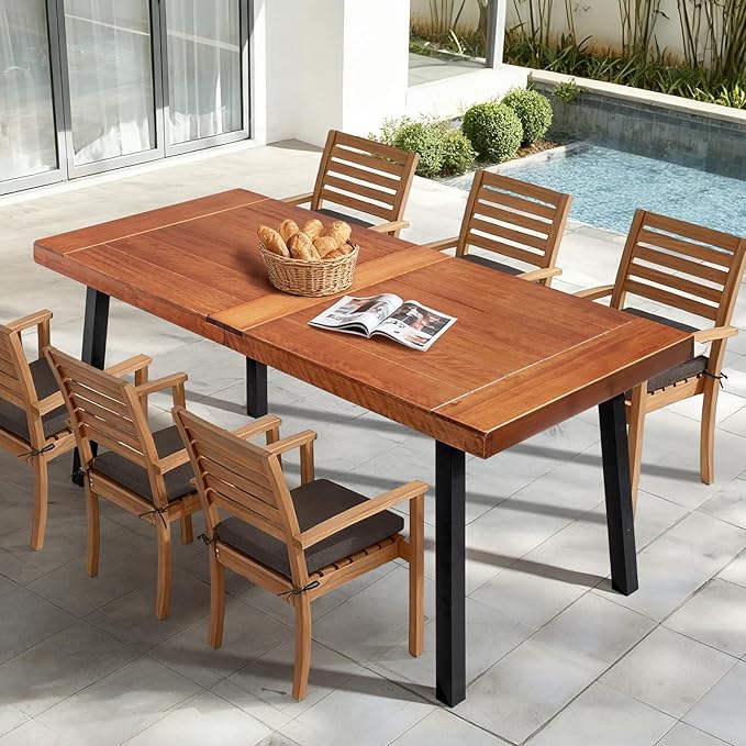 VINGLI 69 Inch Wood Dining Table with Iron Legs, 6-Person Indoor Outdoor Patio Garden Table, All-Weather Rustic Farmhouse Kitchen Table