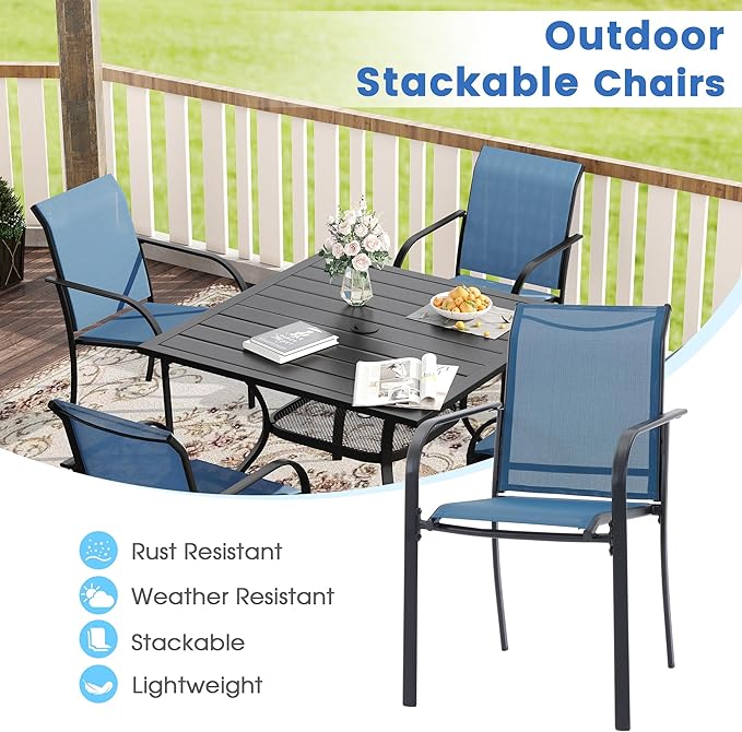 VICLLAX 5 Pieces Patio Dining Set, Outdoor Furniture Set Includes 41.2" Round Patio Table and 4 Patio Sling Chairs, Black Tabletop and Blue Fabric