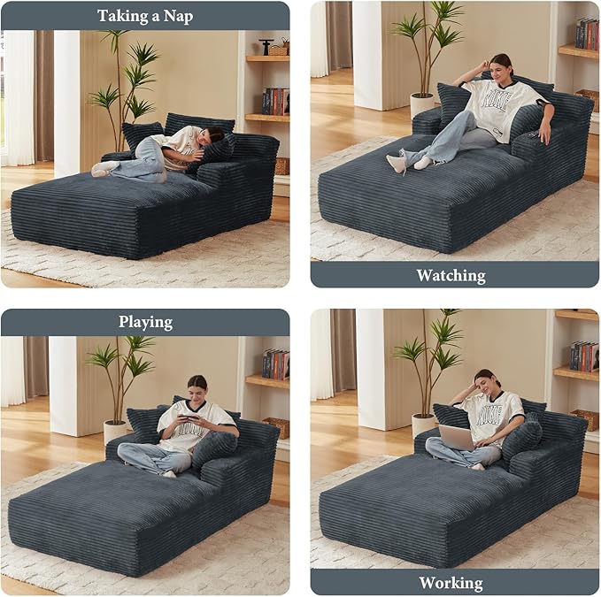 78.7" Chaise Lounge Chair Indoor, Oversized Boneless Couch Comfy Upholstered Sleeper Sofa Bed with 3 Pillows, Corduroy Cloud Reading Chair for Living Room No Assembly Required, Dark Grey